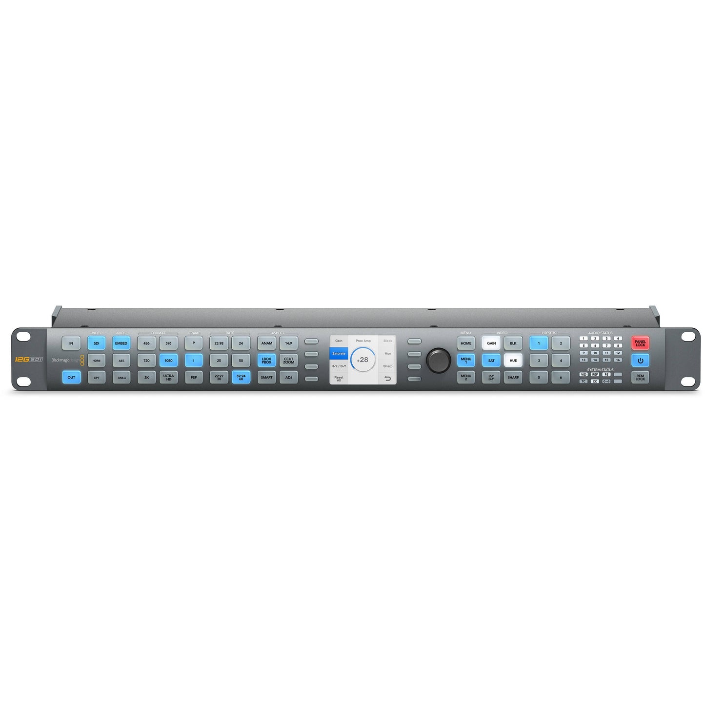 Blackmagic Design Teranex AV front panel with Proc Amp saturation menu on LCD and red panel lock button