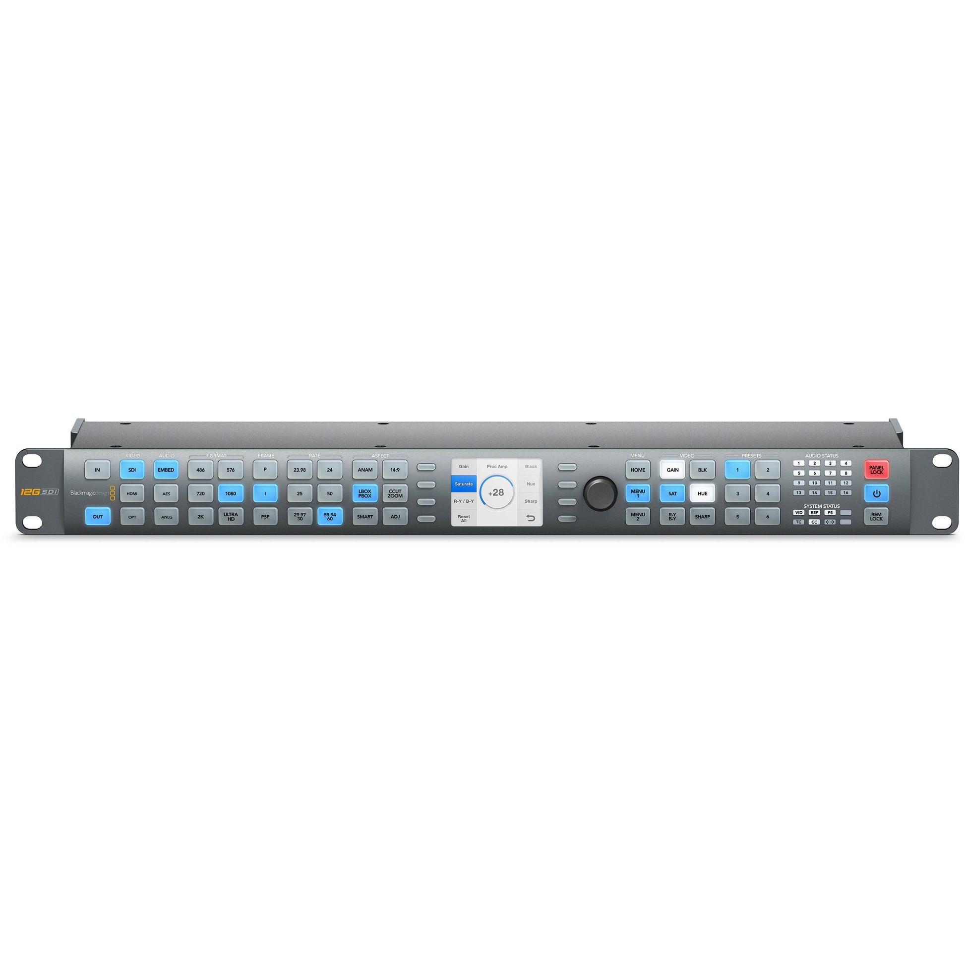 Blackmagic Design Teranex AV front panel with Proc Amp saturation menu on LCD and red panel lock button