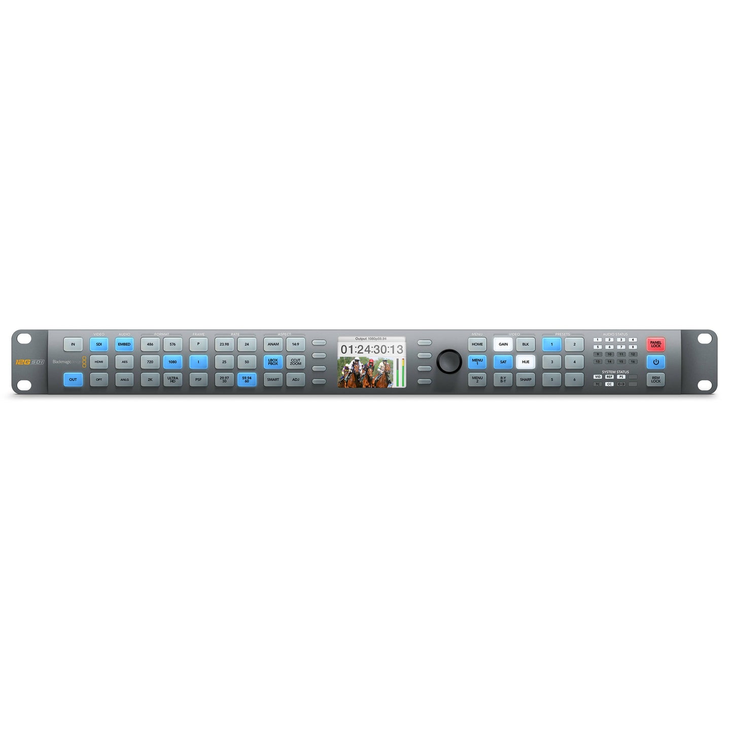 Blackmagic Design Teranex AV 1RU front panel straight on with timecode and video thumbnail on display