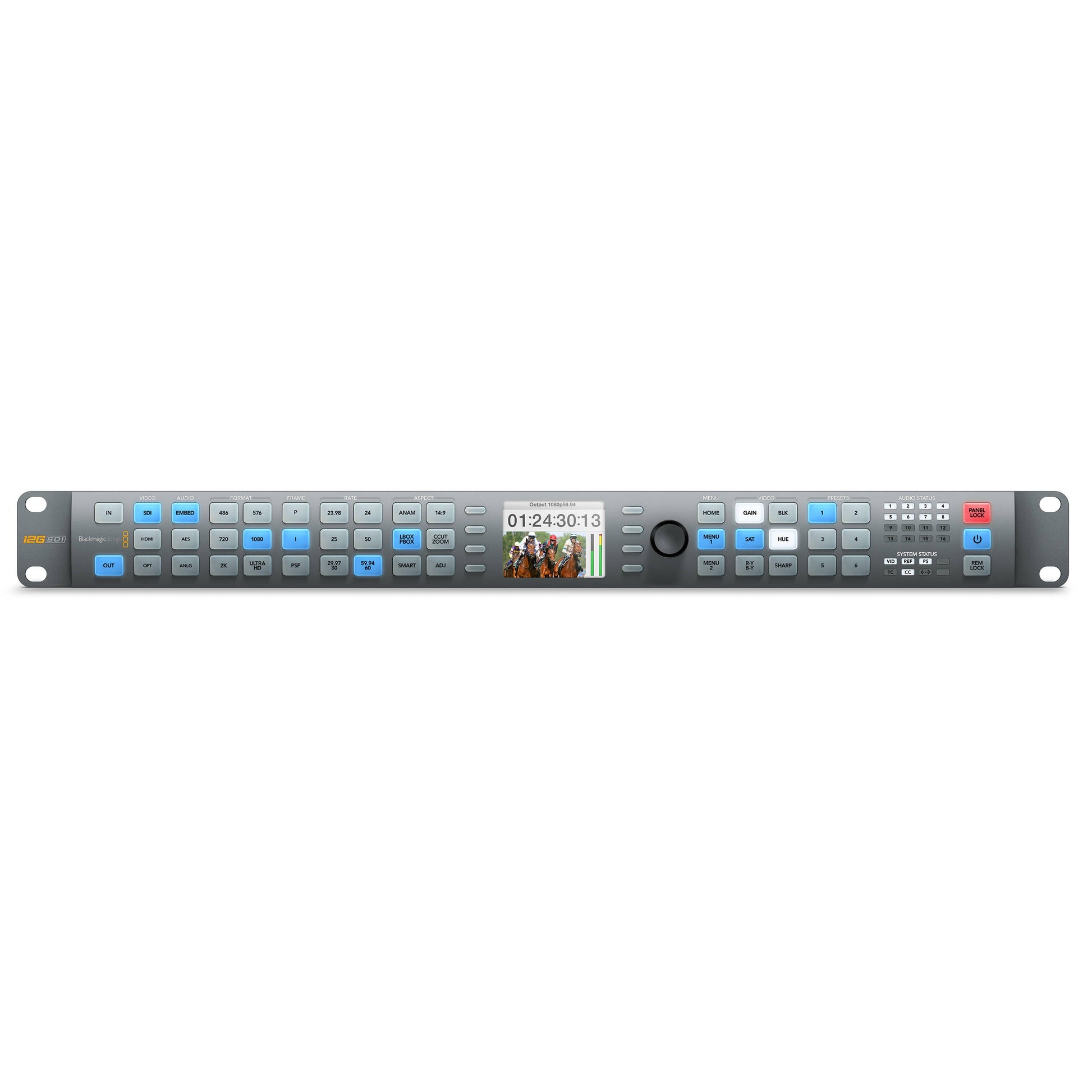 Blackmagic Design Teranex AV 1RU front panel straight on with timecode and video thumbnail on display