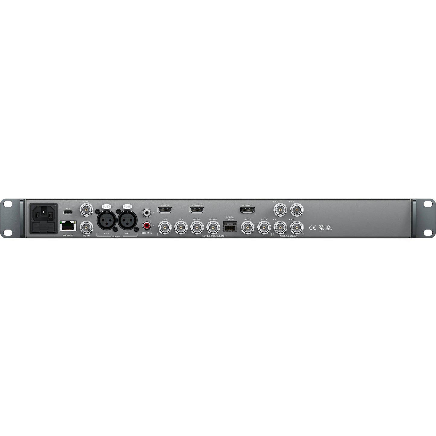Blackmagic Design Teranex AV rear panel with BNC SDI, HDMI, XLR audio, optical, Ethernet and USB ports