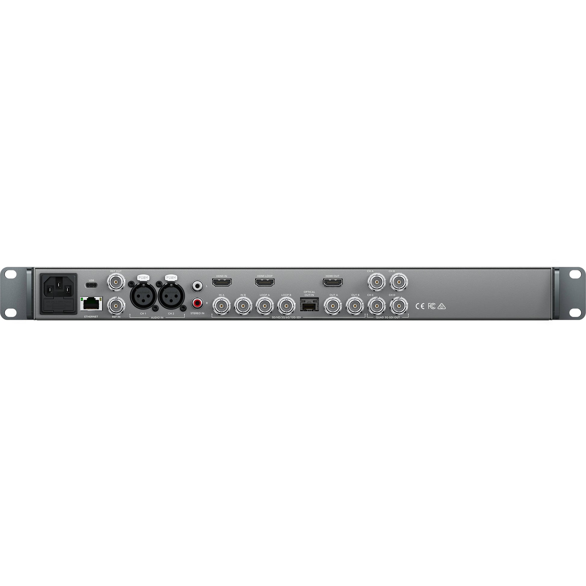 Blackmagic Design Teranex AV rear panel with BNC SDI, HDMI, XLR audio, optical, Ethernet and USB ports