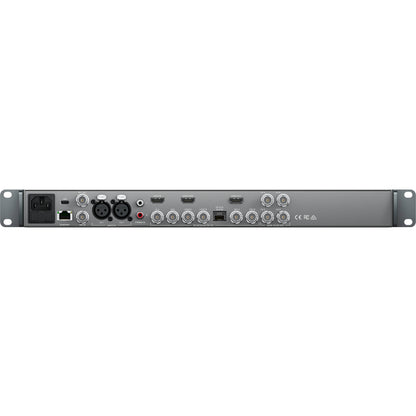 Blackmagic Design Teranex AV rear panel with BNC SDI, HDMI, XLR audio, optical, Ethernet and USB ports
