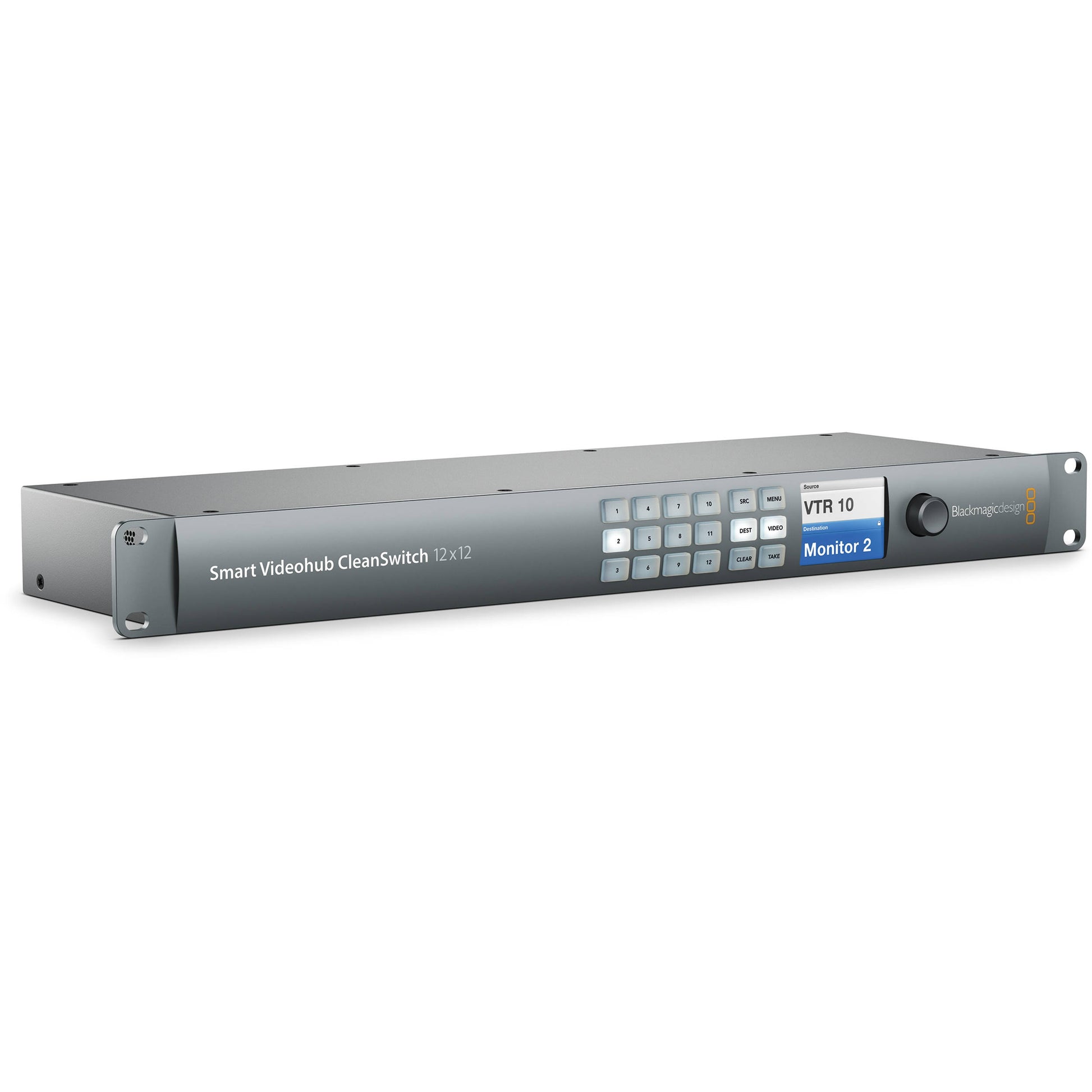 Blackmagic Design Smart Videohub CleanSwitch 12x12 angled view of 1RU chassis showing source and destination display