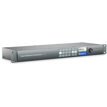 Blackmagic Design Smart Videohub CleanSwitch 12x12 angled view of 1RU chassis showing source and destination display