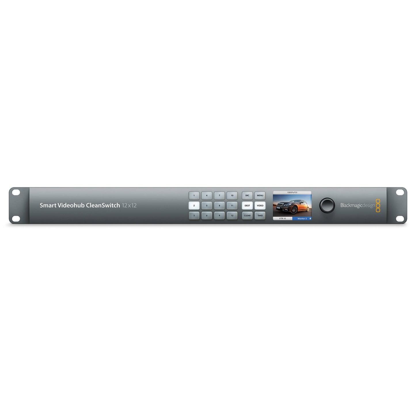Blackmagic Design Smart Videohub CleanSwitch 12x12 front panel with numbered buttons, LCD preview and knob