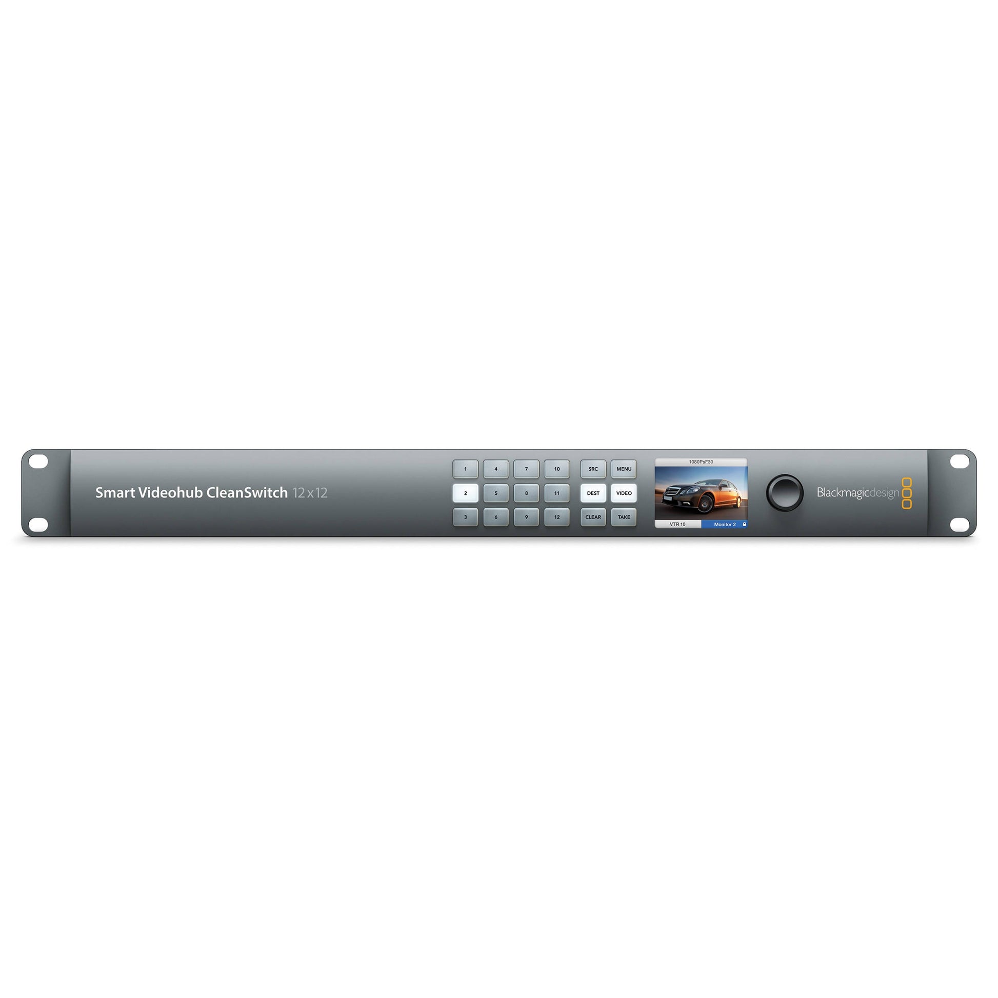 Blackmagic Design Smart Videohub CleanSwitch 12x12 front panel with numbered buttons, LCD preview and knob