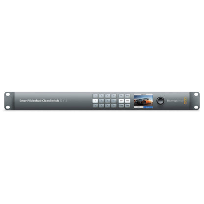 Blackmagic Design Smart Videohub CleanSwitch 12x12 front panel with numbered buttons, LCD preview and knob
