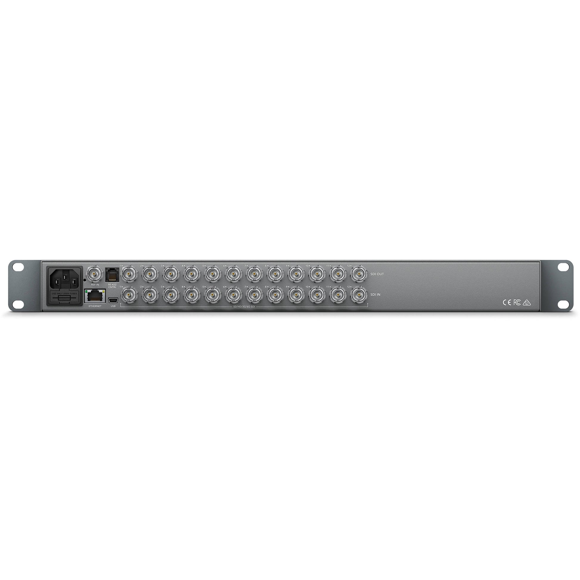 Blackmagic Design Smart Videohub CleanSwitch 12x12 rear panel with SDI in and out BNCs, Ethernet, USB and power inlet