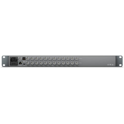 Blackmagic Design Smart Videohub CleanSwitch 12x12 rear panel with SDI in and out BNCs, Ethernet, USB and power inlet