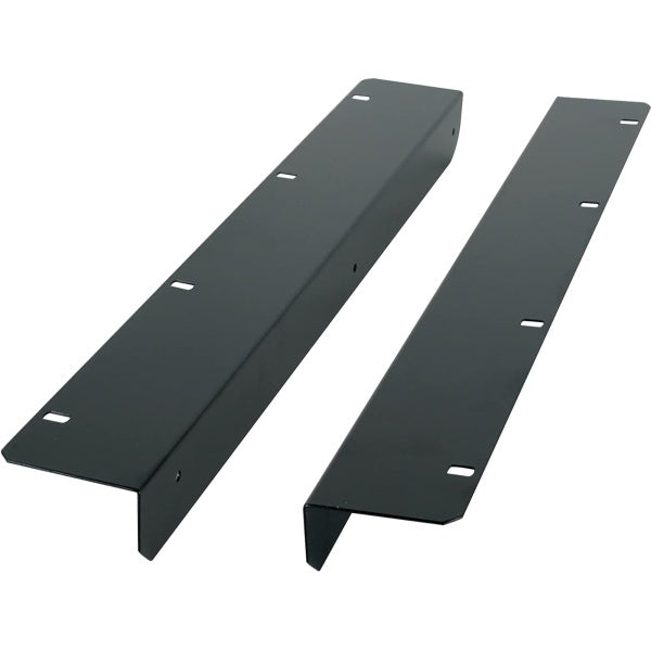 AH-ZED10-RK19 rackmount kit angled view of two black steel rack ears with slotted mounting holes, Allen & Heath