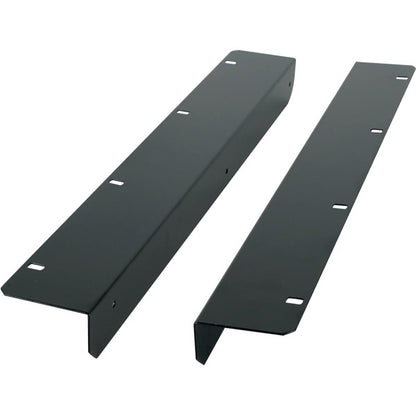 AH-ZED10-RK19 rackmount kit angled view of two black steel rack ears with slotted mounting holes, Allen & Heath