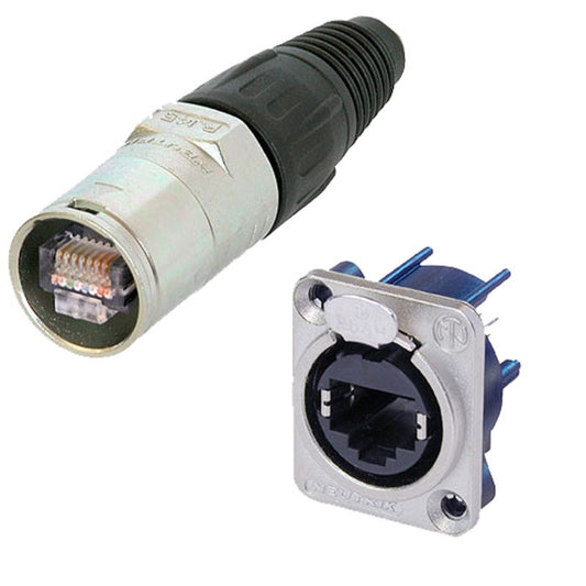 Neutrik NE8FDV-Y110 etherCON D-series nickel receptacle with mating cable connector shown alongside