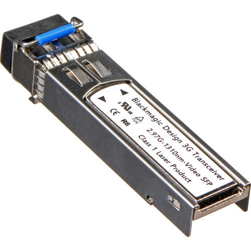Blackmagic Design 3G SFP optical module, angled view showing blue latch, label, and edge connector