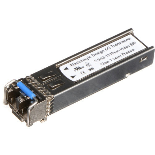 Blackmagic Design 6G SFP optical module angled view showing blue LC fiber ports and labeled top housing