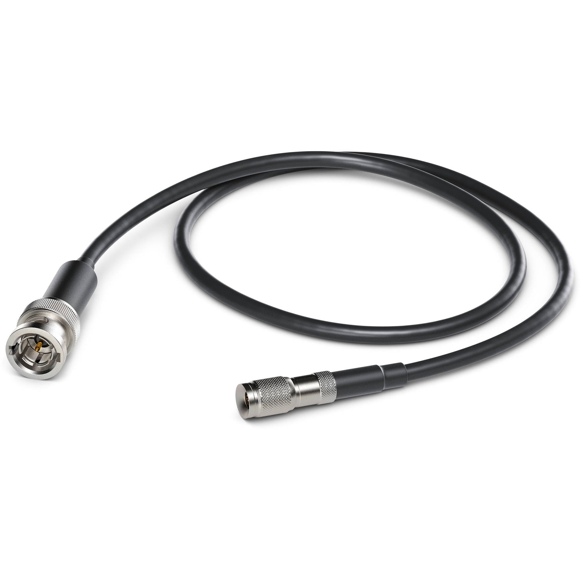 Blackmagic Design DIN 1.0/2.3 to BNC male adapter cable coiled, showing both metal connector ends