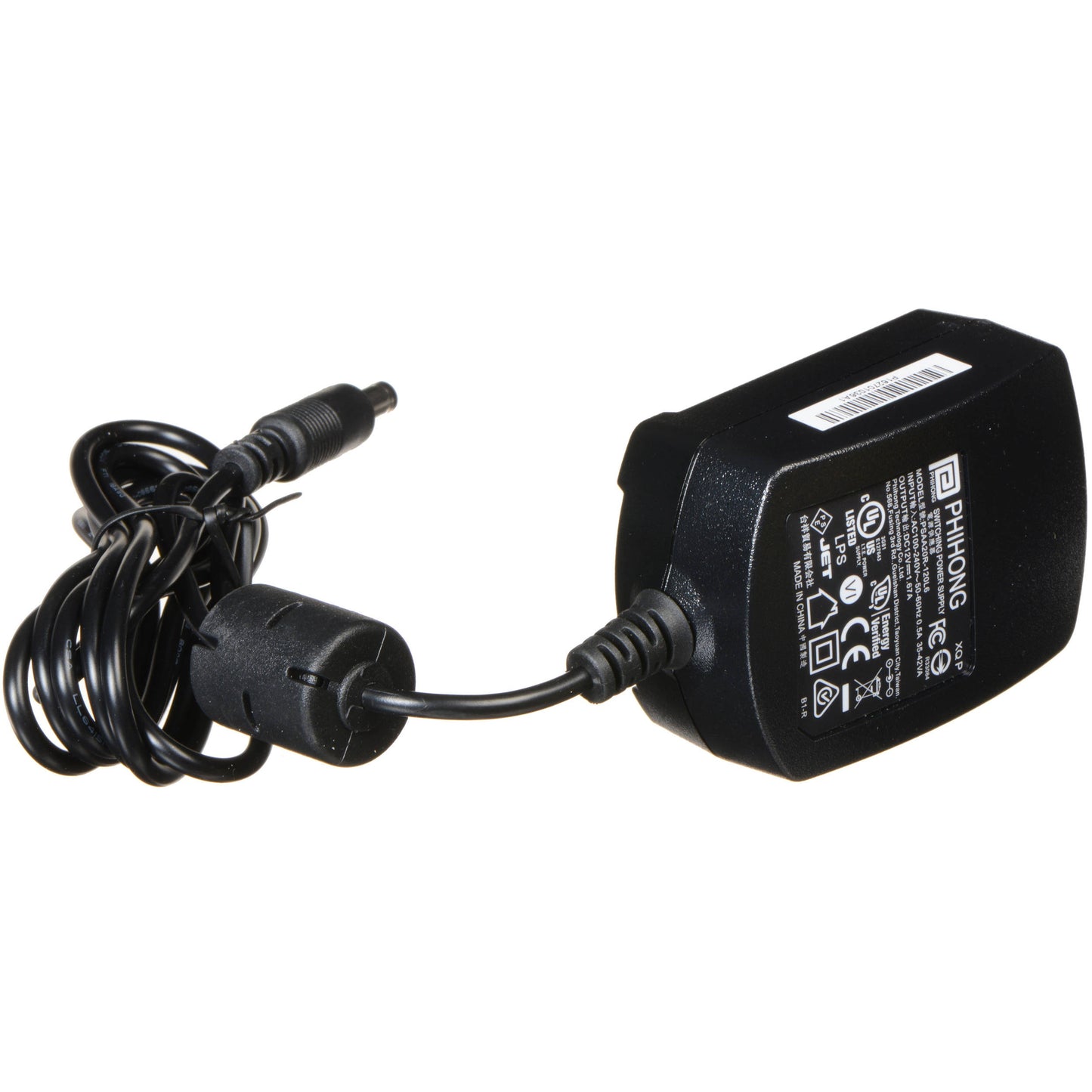 Blackmagic Design Video Assist power supply angled to show spec label, coiled cable, and DC barrel plug