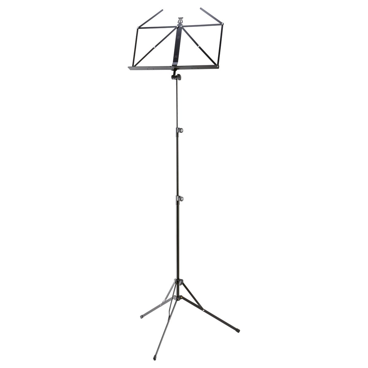10052 extra-tall music stand full front view, black open-frame desk with lyre emblem, two telescoping tube clamp knobs and tripod legs with rubber feet, K&M