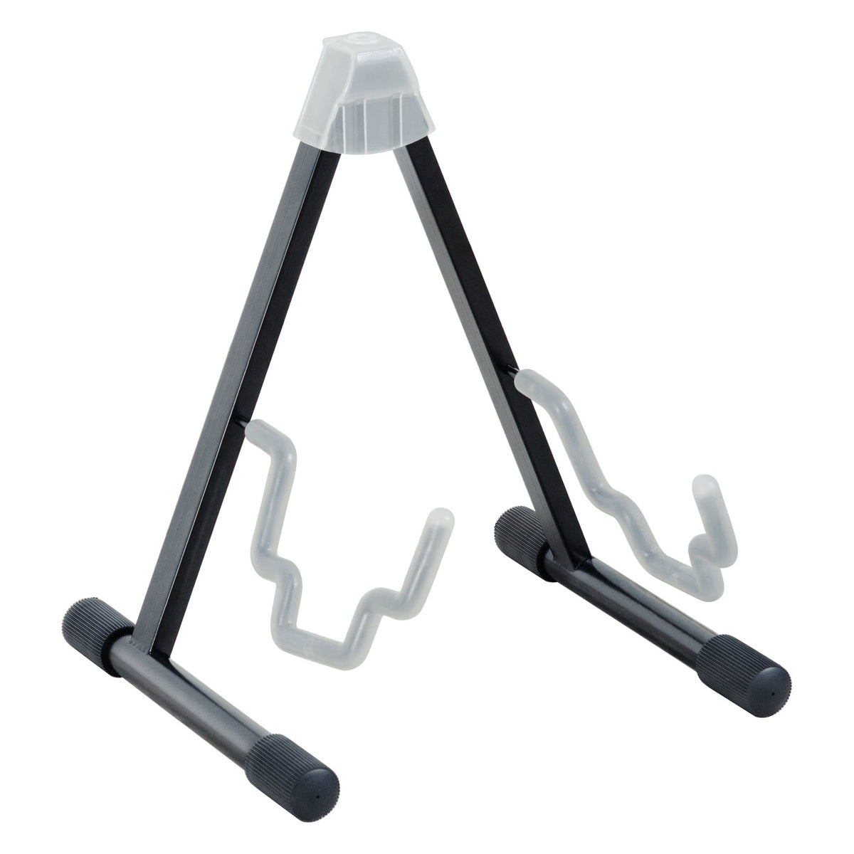 17570 Duet dual guitar stand front three-quarter view with black A-frame legs, clear padded top cap and translucent rubber-coated support arms, K&M