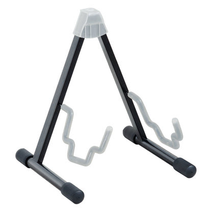 17570 Duet dual guitar stand front three-quarter view with black A-frame legs, clear padded top cap and translucent rubber-coated support arms, K&M