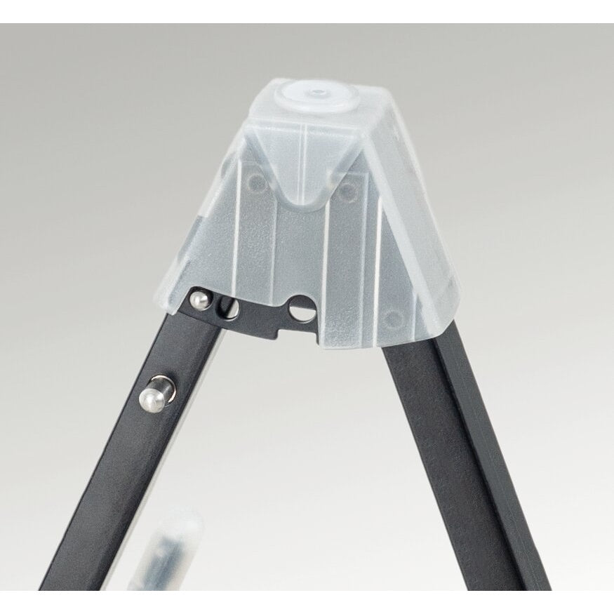 17570 Duet dual guitar stand top detail showing translucent top cap, metal locking pins and hinge cutouts at the A-frame apex, K&M