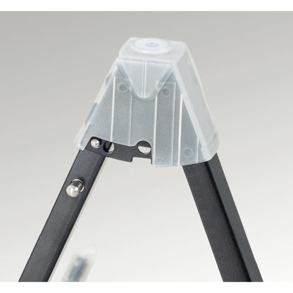 17570 Duet dual guitar stand top detail showing translucent top cap, metal locking pins and hinge cutouts at the A-frame apex, K&M