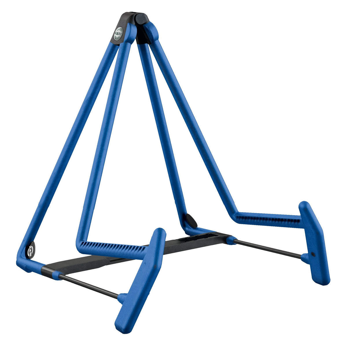 17580 Heli 2 folding guitar stand angled front view in blue with A-frame legs, T-shaped rubber cradle arms and black adjustable crossbar, K&M