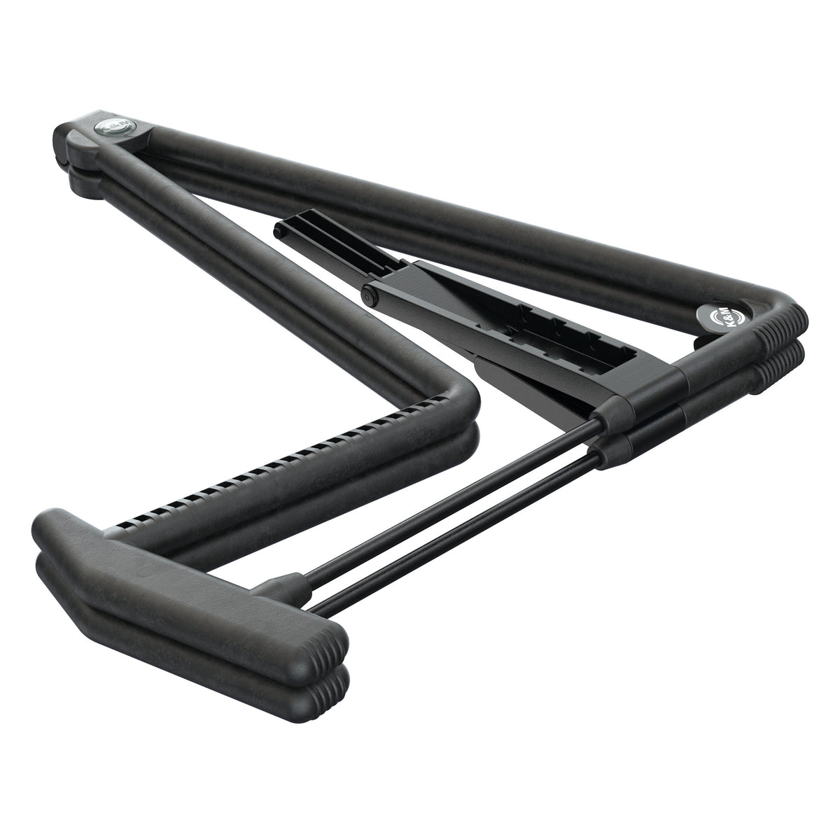 17580 Heli 2 guitar stand folded flat detail showing hinged legs, crossbar mechanism and ribbed rubber cradle arms in black, K&M