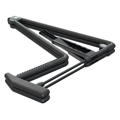 17580 Heli 2 guitar stand folded flat detail showing hinged legs, crossbar mechanism and ribbed rubber cradle arms in black, K&M