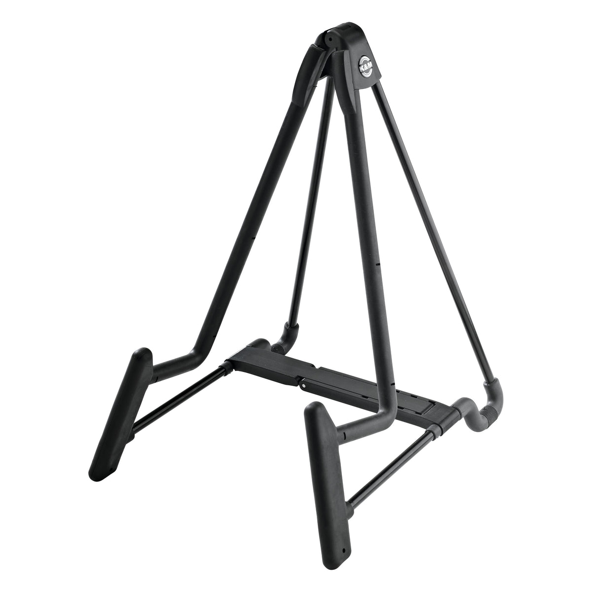 17581 Heli 2 guitar stand angled front view with A-frame legs and padded cradle arms, K&M