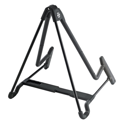 17581 Heli 2 guitar stand side view showing zigzag cradle arms and extended base rail, K&M