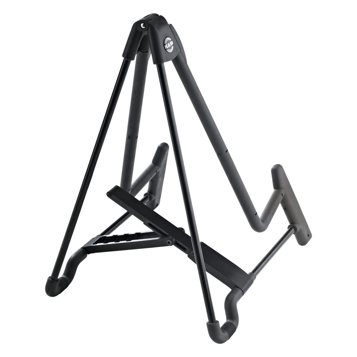 17581 Heli 2 guitar stand three-quarter view with base rail adjusted to a narrower width and K&M logo at the top hinge, K&M