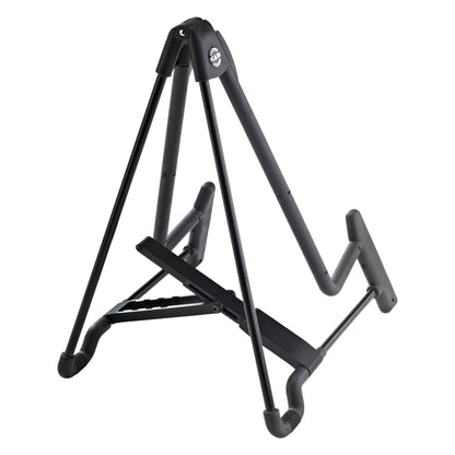 17581 Heli 2 guitar stand three-quarter view with base rail adjusted to a narrower width and K&M logo at the top hinge, K&M