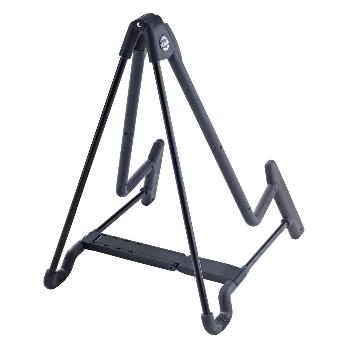17581 Heli 2 guitar stand angled view showing adjustable base rail with slotted track and rubber-tipped feet, K&M