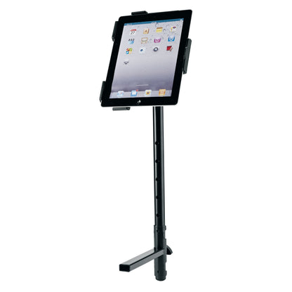 18817 universal keyboard stand holder in use with a tablet mounted in a clamp holder on the top of the tube, K&M