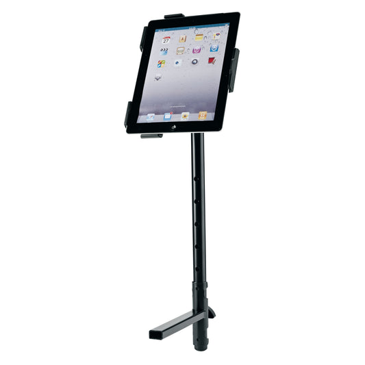 18817 universal keyboard stand holder in use with a tablet mounted in a clamp holder on the top of the tube, K&M