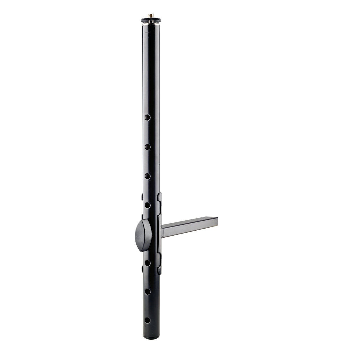 18817 universal keyboard stand holder side view showing clamp knob, adjustment holes and rectangular arm, K&M
