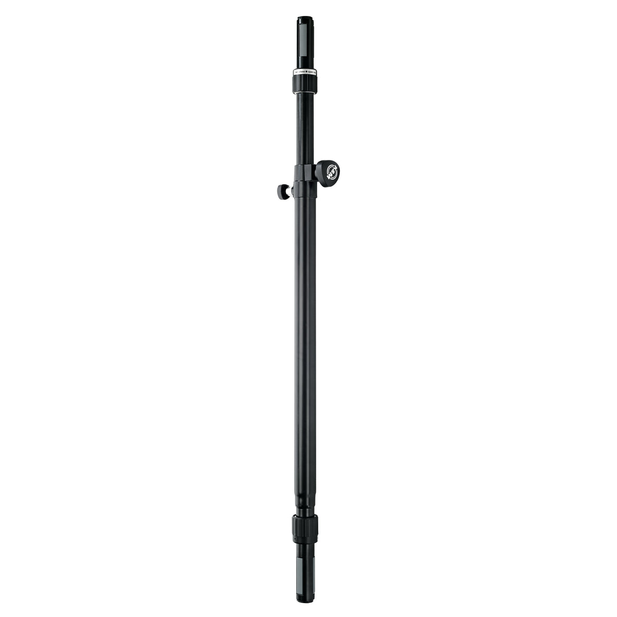 21366 distance rod full-length front view with ring lock at top, clamp knobs at mid-height and black adjustable tubes, K&M