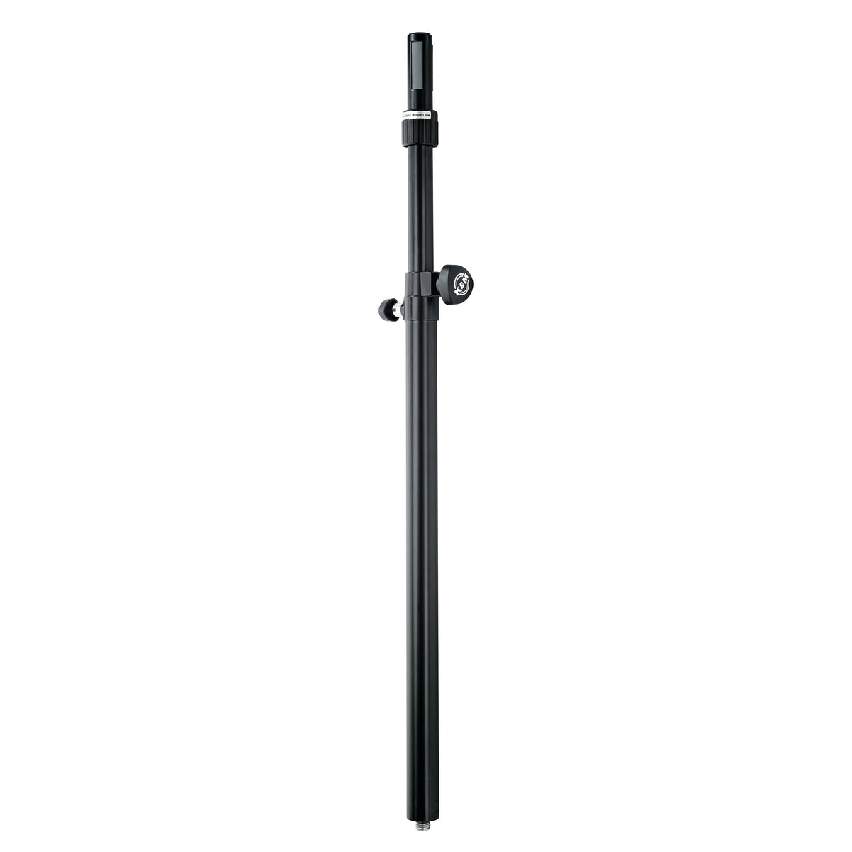 21367 ring lock distance rod full-length front view with black telescoping tube, side clamp knob and top speaker socket, K&M