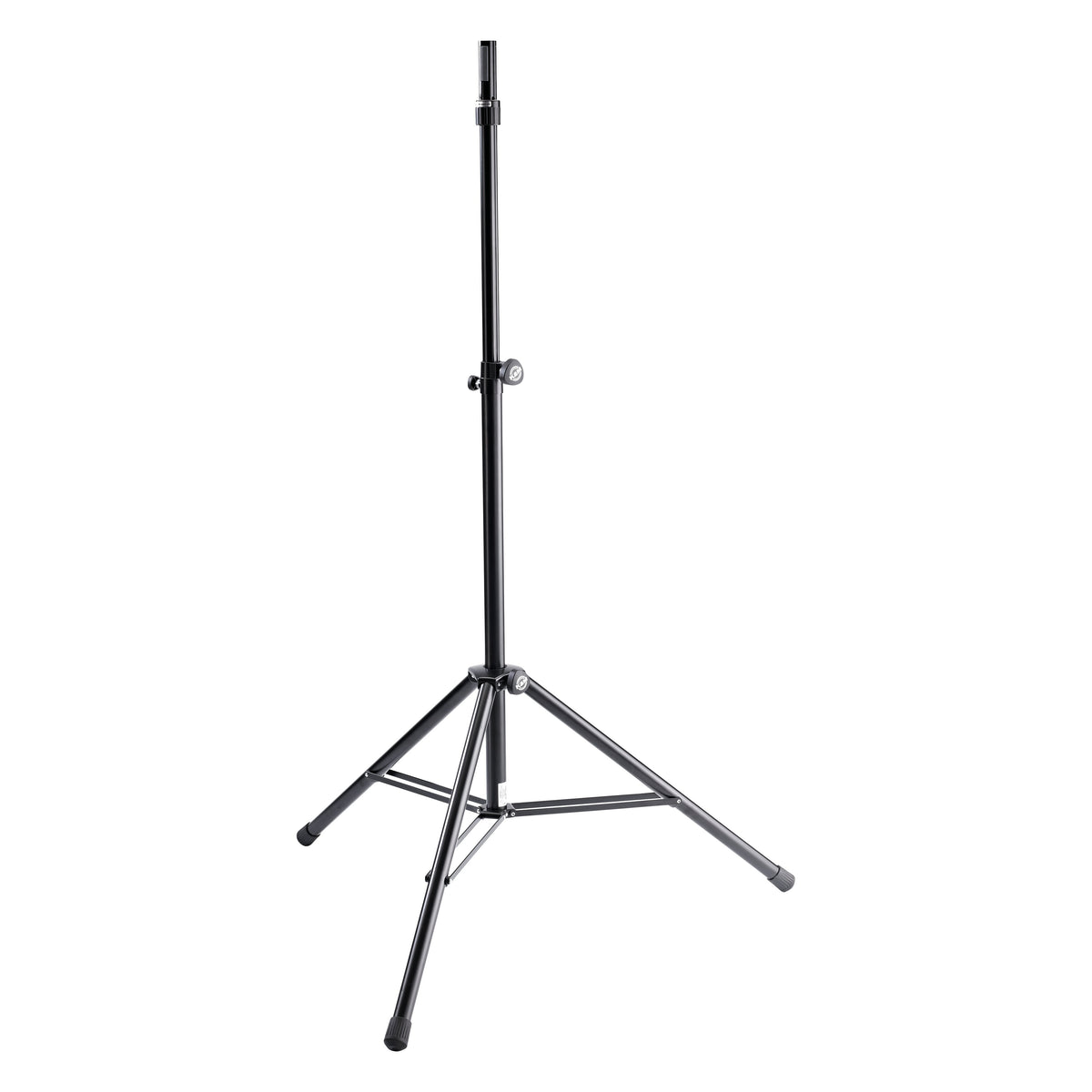 21467 ring lock tripod speaker stand full view with black aluminum legs, leg braces and extended upper tube, K&M