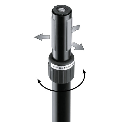 21467 speaker stand top tube close-up showing ring lock collar marked close and open with rotation and expansion arrows, K&M