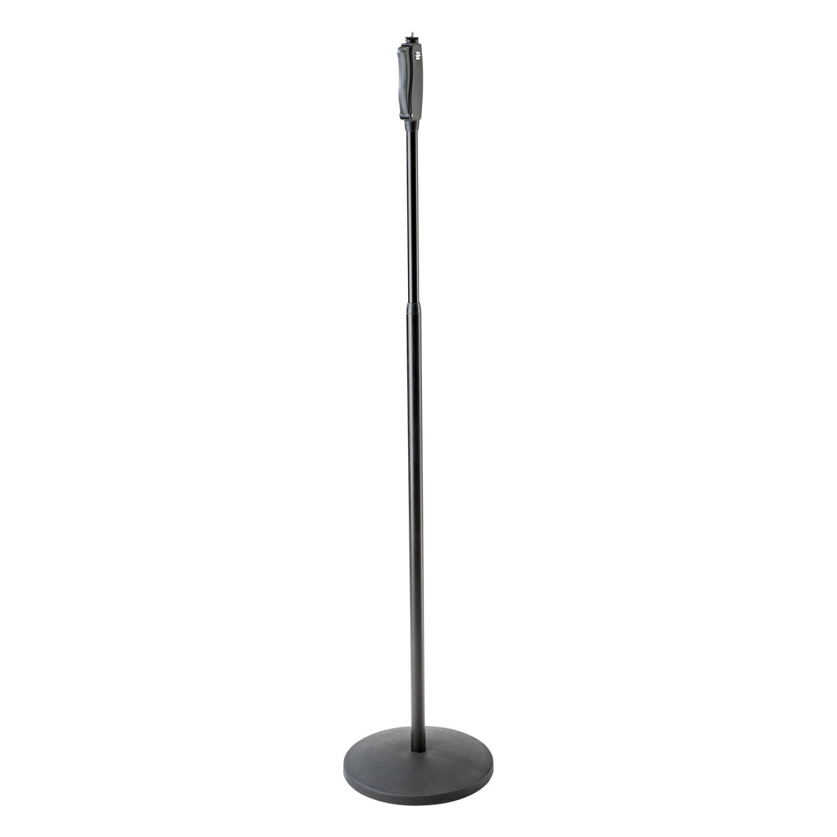 26250 one-hand mic stand full front view with round cast base, telescoping black tube and ergonomic grip handle at top, K&M