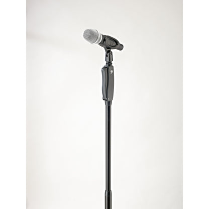 26250 one-hand mic stand top section detail with handheld microphone in clip mounted above the ergonomic height-adjust grip, K&M