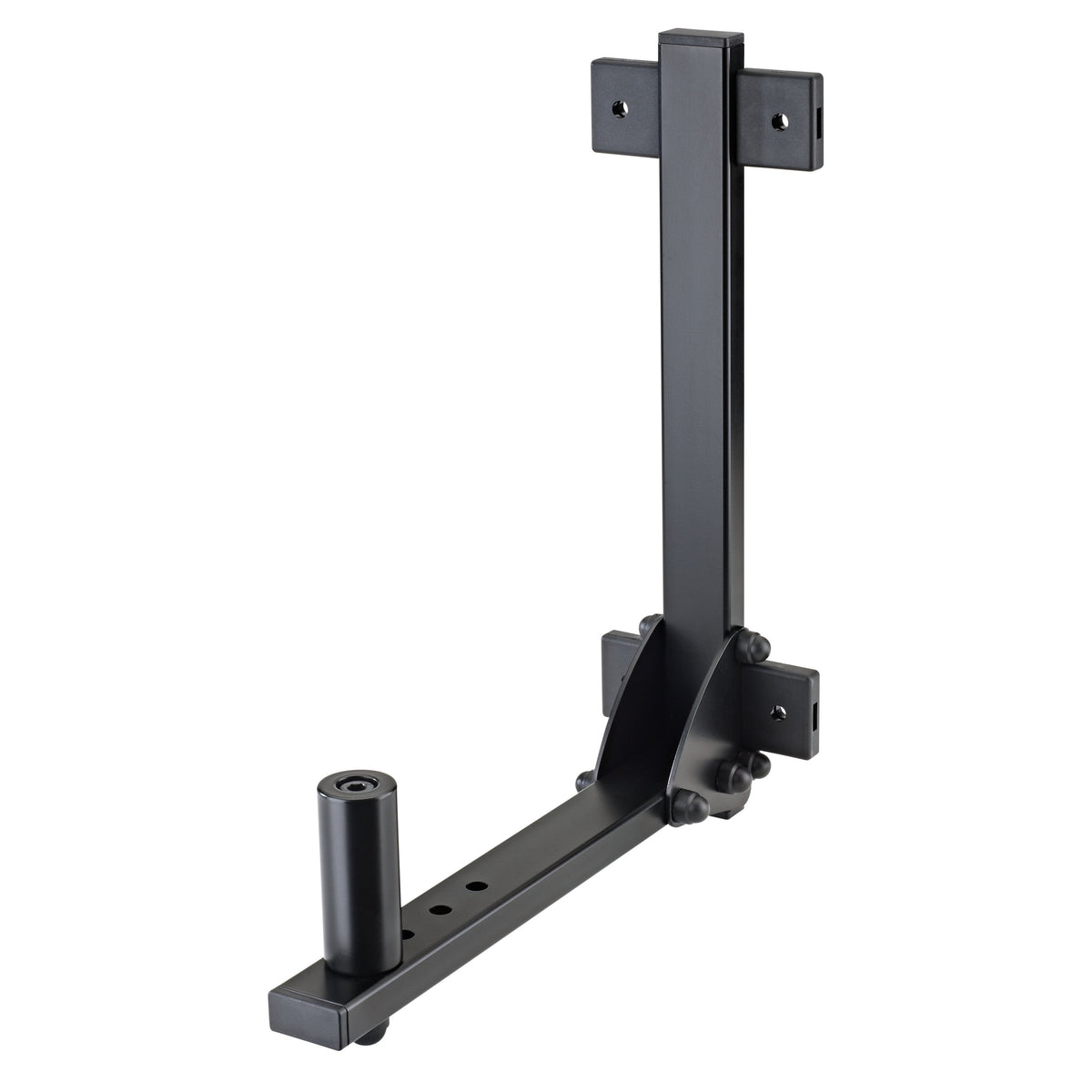 24140 steel speaker wall mount bracket angled front view showing black vertical arm, pre-drilled mounting plates and speaker pin on the horizontal arm, K&M