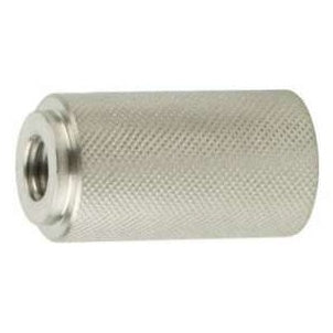 26313 stainless steel mic stand thread adapter, angled side view showing knurled cylindrical body and internally threaded end, Lectrosonics