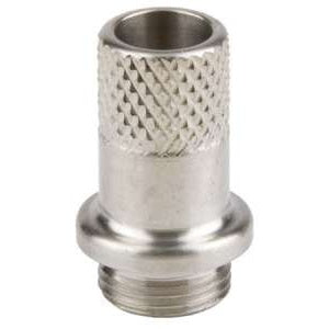 26481 audio plug shell for MM400 and WM transmitters, angled front view of nickel-finished metal body with knurled grip section, rounded collar and threaded base, Lectrosonics