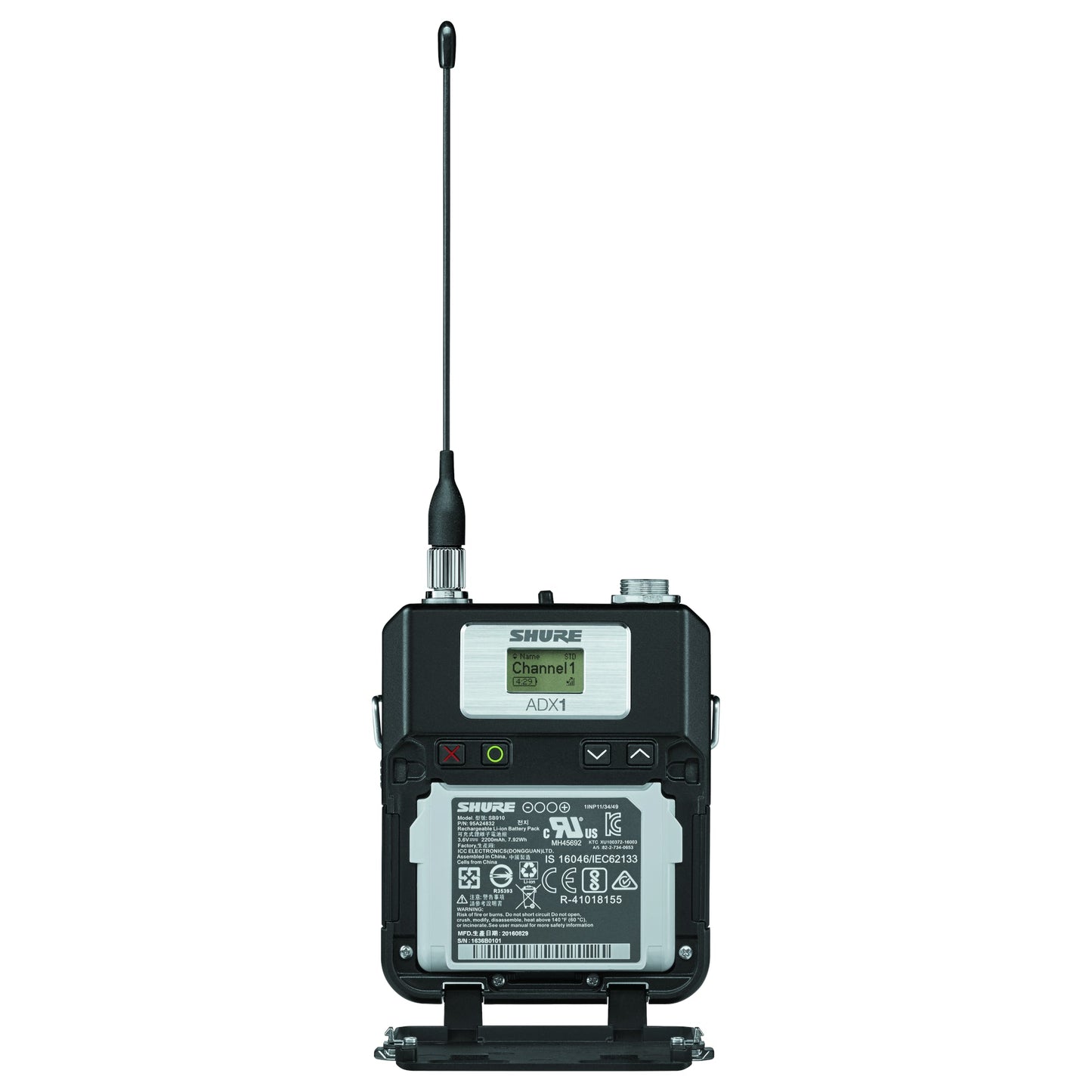 Shure ADX1 Bodypack Transmitter front interior