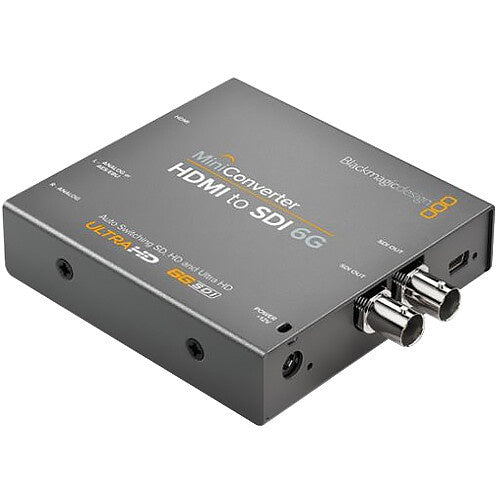 Blackmagic Design Mini Converter HDMI to SDI 6G angled view showing top label and dual BNC SDI outputs