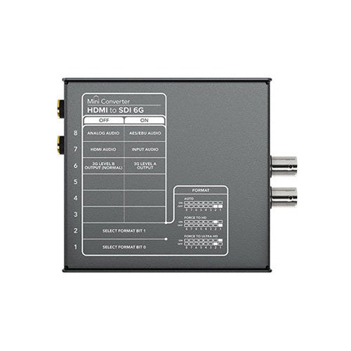 Blackmagic Design Mini Converter HDMI to SDI 6G underside switch chart for audio and format settings