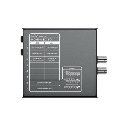 Blackmagic Design Mini Converter HDMI to SDI 6G underside switch chart for audio and format settings